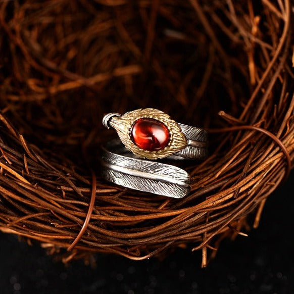 Feather Garnet Gemstone 925 Sterling Silver Adjustable Ring - Silver Equinox