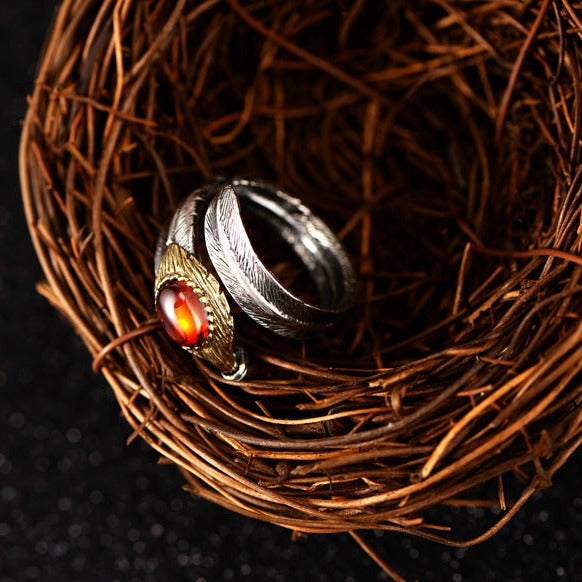 Feather Garnet Gemstone 925 Sterling Silver Adjustable Ring - Silver Equinox