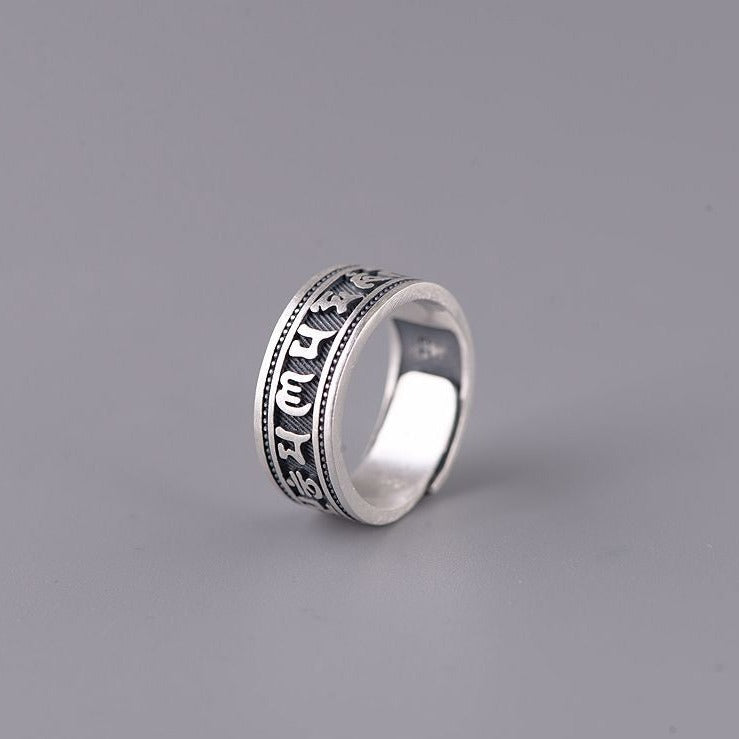 Minimalist Tibetan Mantra 999 Fine Silver Adjustable Ring - Silver Equinox