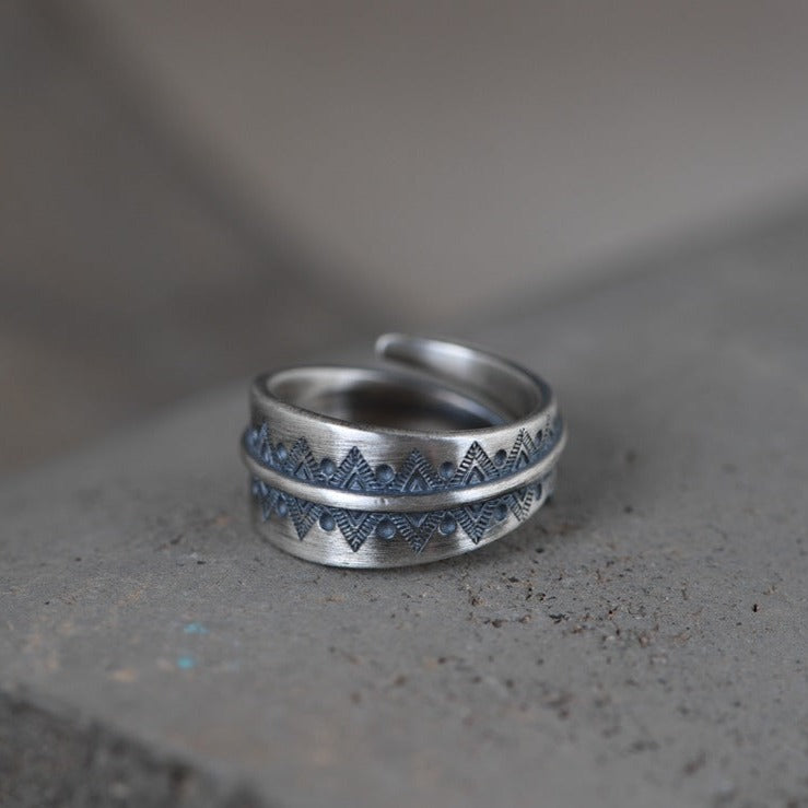 Tibetan Pattern 925 Sterling Silver Adjustable Ring - Silver Equinox