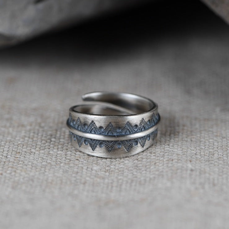 Tibetan Pattern 925 Sterling Silver Adjustable Ring - Silver Equinox