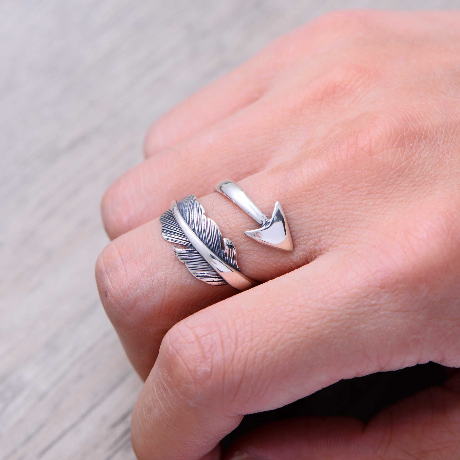 Minimalist Arrow Feather 925 Sterling Silver Adjustable Ring - Silver Equinox